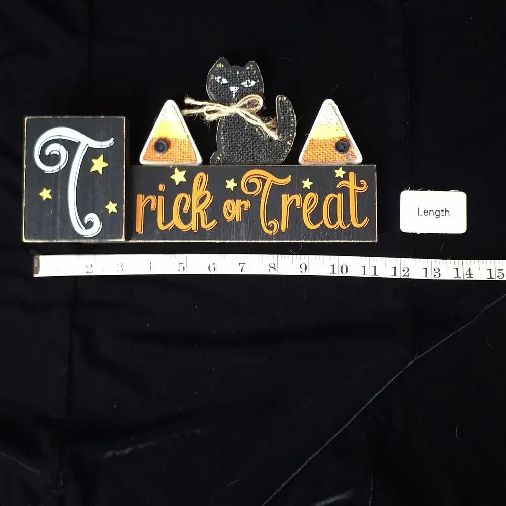 2-Piece Rustic Halloween Decor Black Cats Candy Corn Burlap Wood Sign Cute